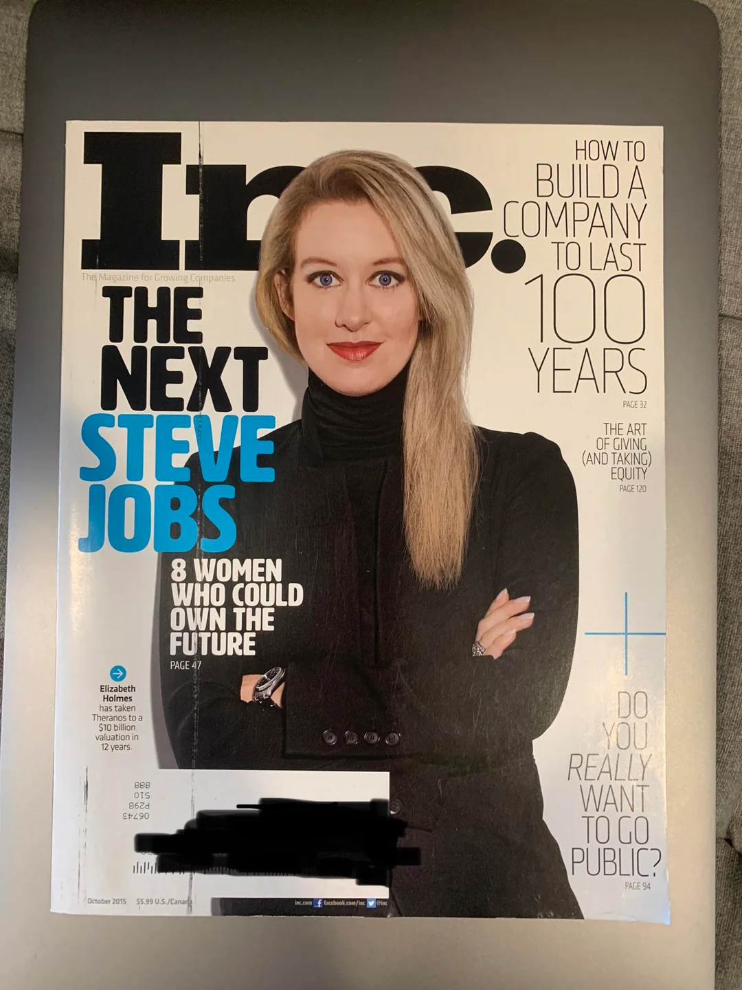 Inc. magazine cover featuring Elizabeth Holmes, titled "The Next Steve Jobs," promoting a story about 8 women who could own the future. Other headlines discuss building lasting companies and going public.
