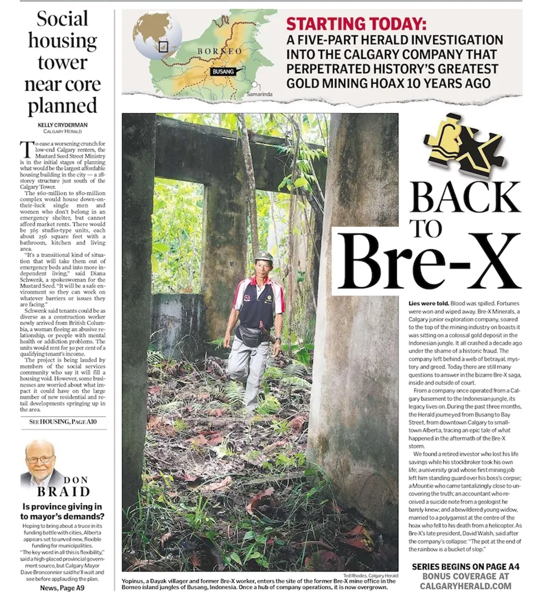 A man walks through the ruins of an abandoned building overgrown with plants, with a large headline "Back to Bre-X" and articles about a planned social housing tower and the Bre-X gold mining scandal.
