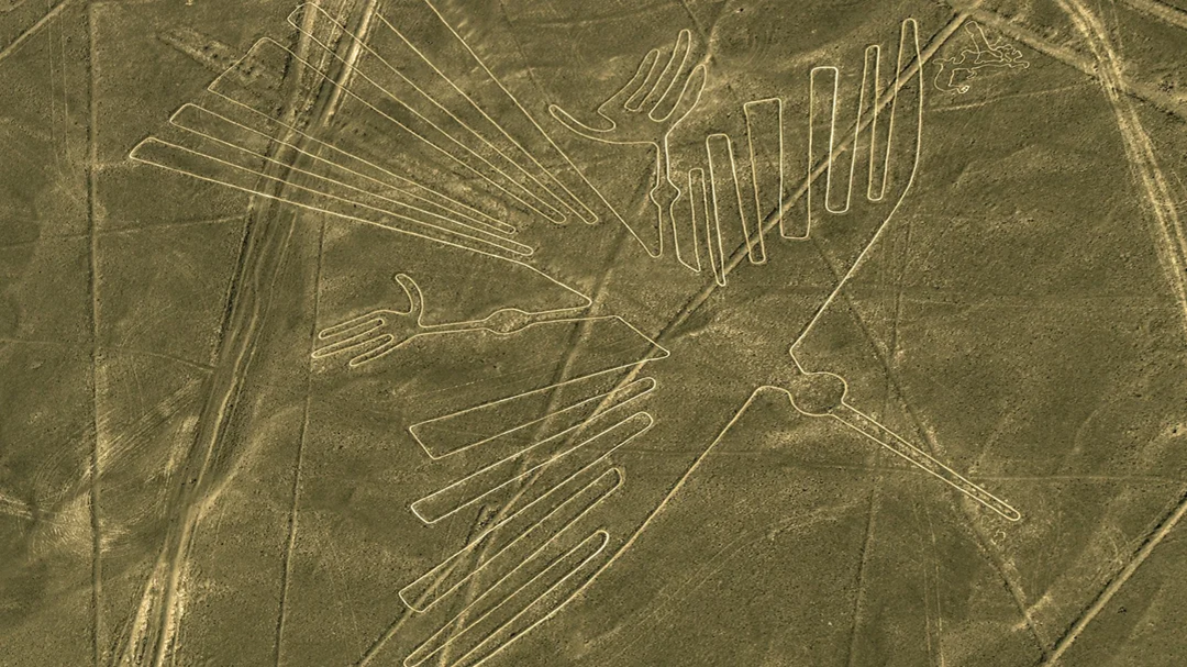 Aerial view of a large geoglyph in the shape of a bird, created by lines etched into the ground in a dry, desert landscape. This is one of the famous Nazca Lines in Peru.