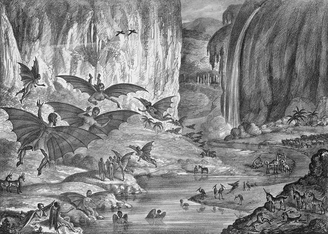 Black-and-white illustration of a surreal landscape with winged humanoid creatures, waterfalls, cliffs, pools, crowds of figures, and various animals, depicted in a fantastical natural setting.