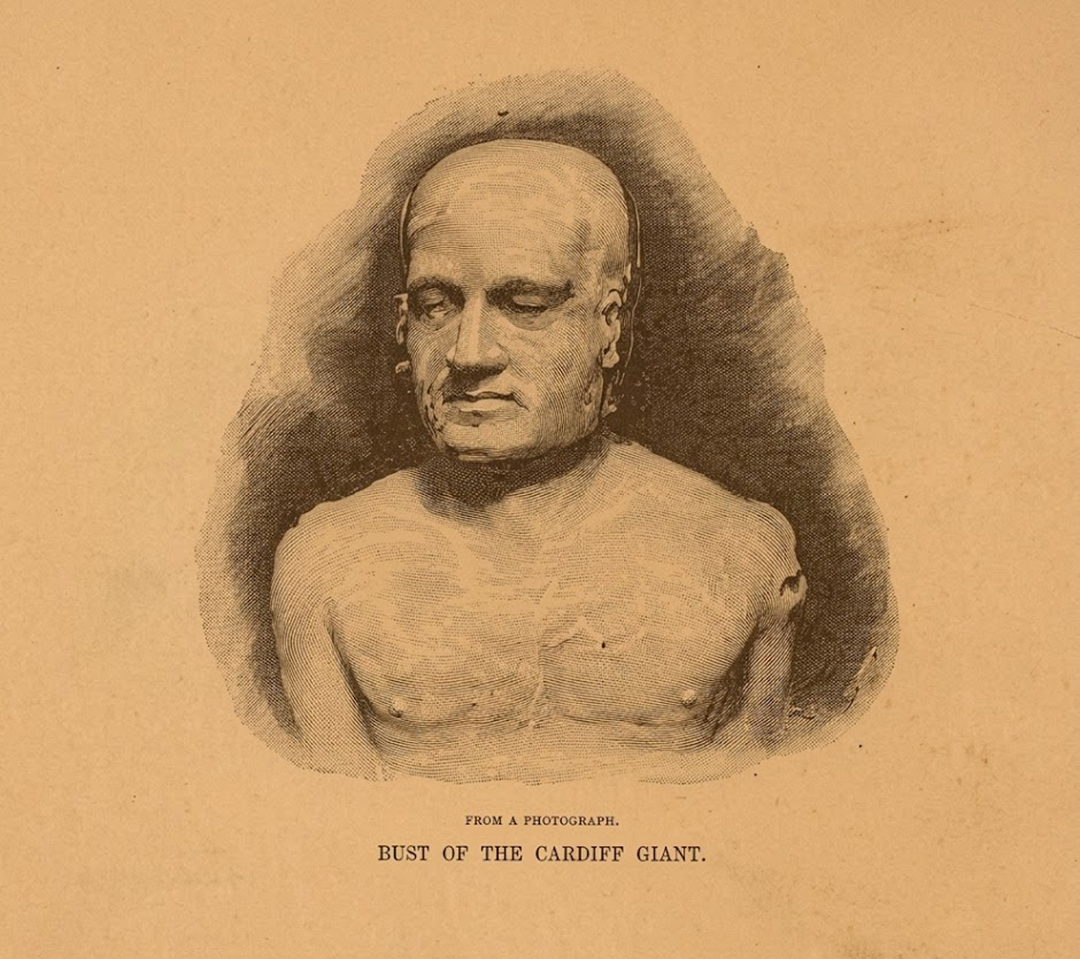 Sepia-toned illustration of the Cardiff Giant bust, showing a bald, expressionless male figure from the chest up, centered on a plain background.