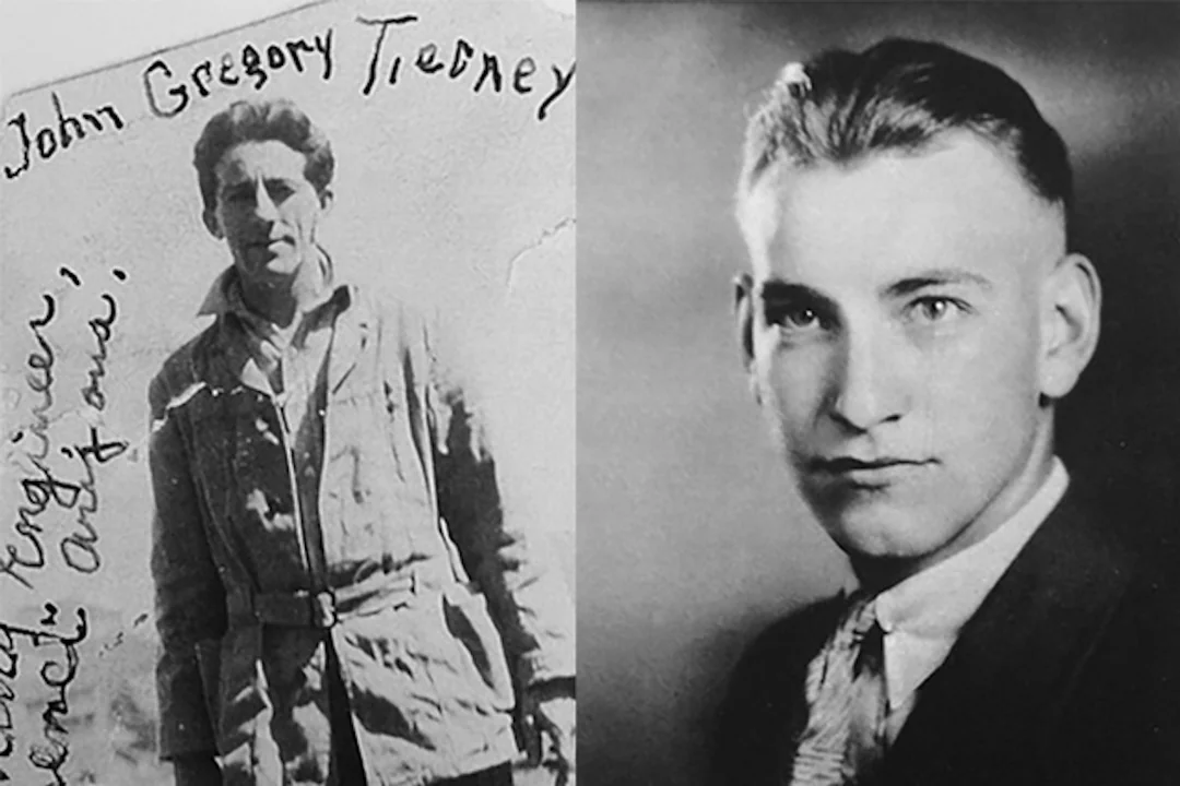 Two black-and-white photos: on the left, a man in a coat with handwritten text above him; on the right, a formal portrait of a young man in a suit and tie, looking slightly to the side.