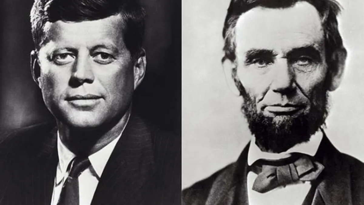 Side-by-side black-and-white portraits of two men in suits: one with short dark hair and a tie, the other with a beard, bow tie, and distinctive facial features.