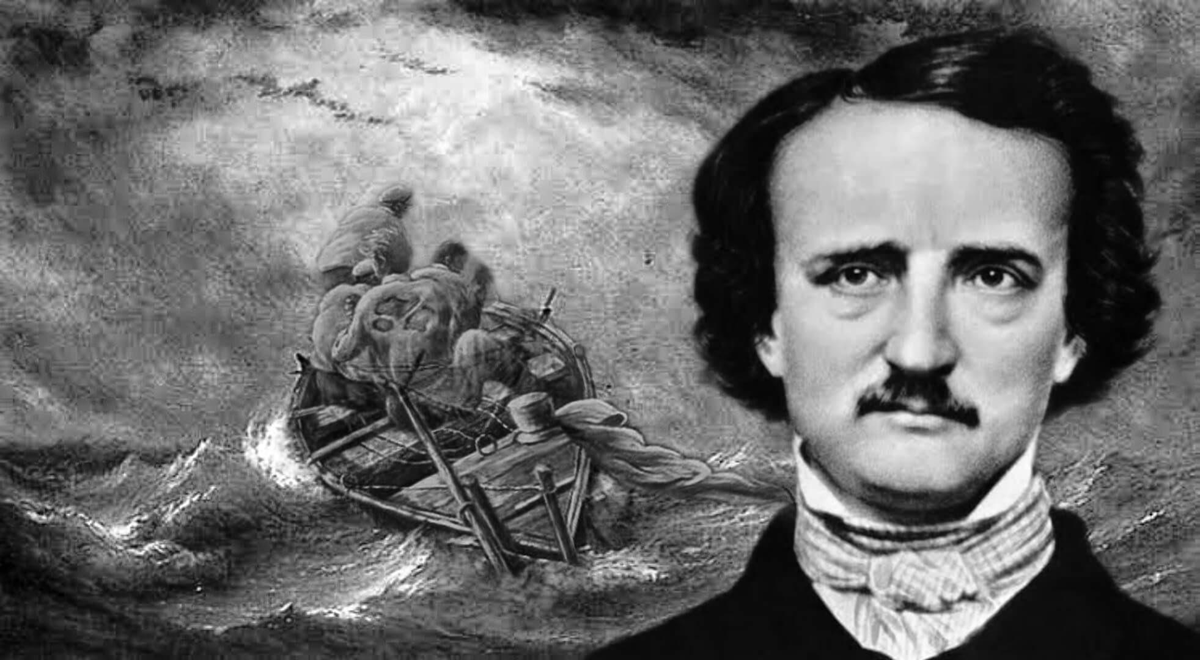 A stern-looking man in 1800s attire is in the foreground, with a stormy sea and a small boat carrying struggling figures in the background.