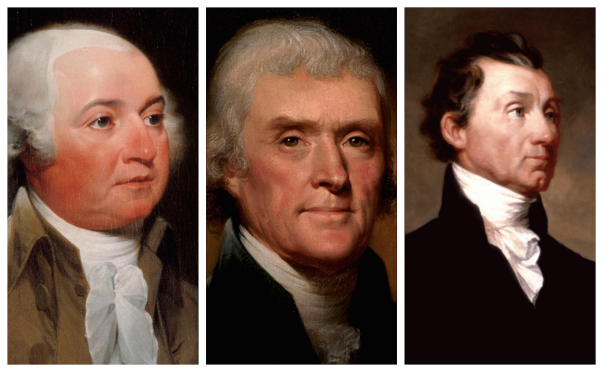 Three painted portraits of historical men in 18th or 19th century attire, each shown from the chest up, facing slightly different directions, with neutral expressions and formal clothing.