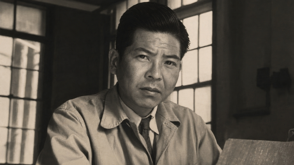 A man in a collared shirt and tie sits indoors in front of large windows, looking seriously at the camera. The image is in black and white, giving it a vintage feel.