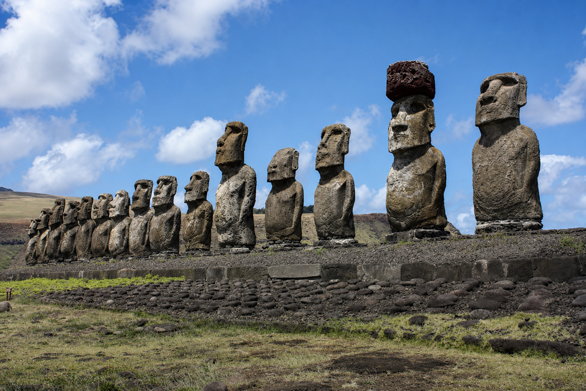 A row of large stone Moai statues stands on a stone platform under a blue sky at Easter Island. One statue wears a red stone hat, and grassy terrain is visible in the foreground.