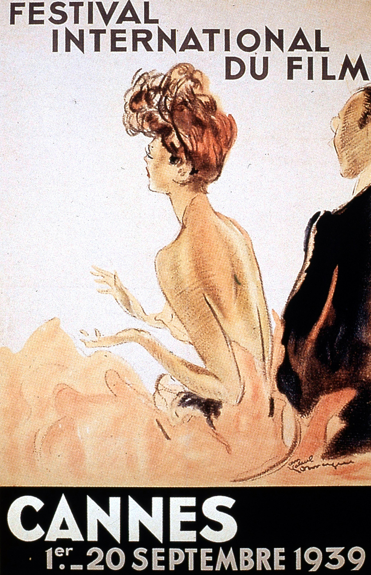 Vintage poster for the 1939 Cannes Film Festival, featuring an illustrated woman in an elegant dress, with bold text announcing the event dates: 1-20 September 1939.