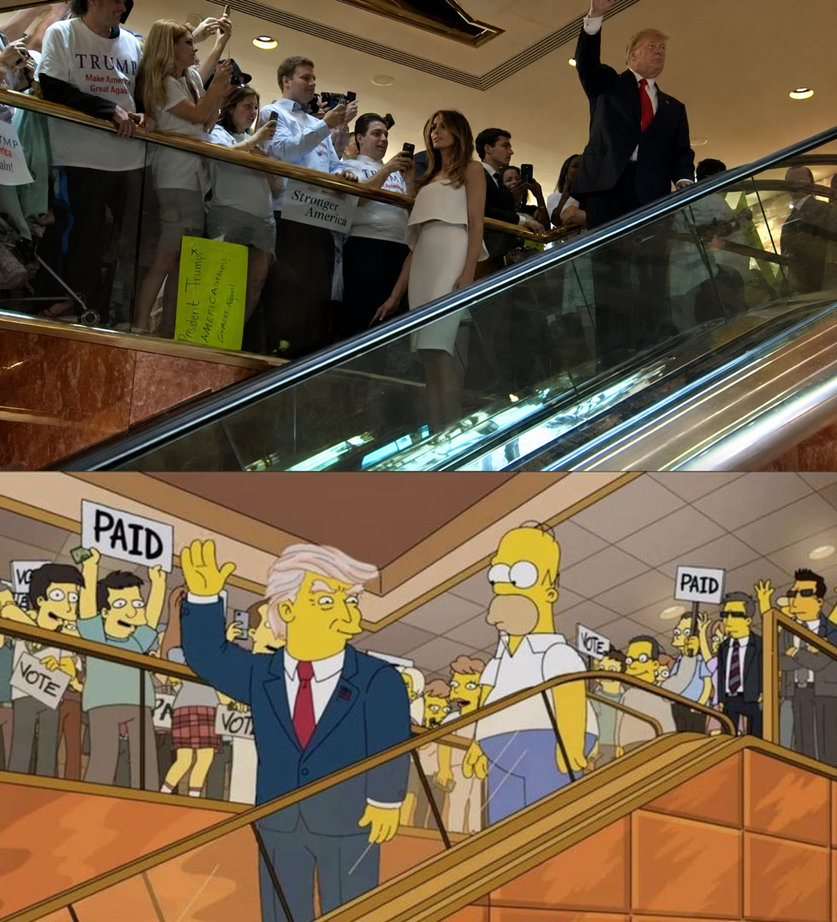 Split image: Top shows a man and woman on an escalator waving to a crowd. Bottom shows animated characters mimicking the same scene, with one holding a “PAID” sign among the crowd.