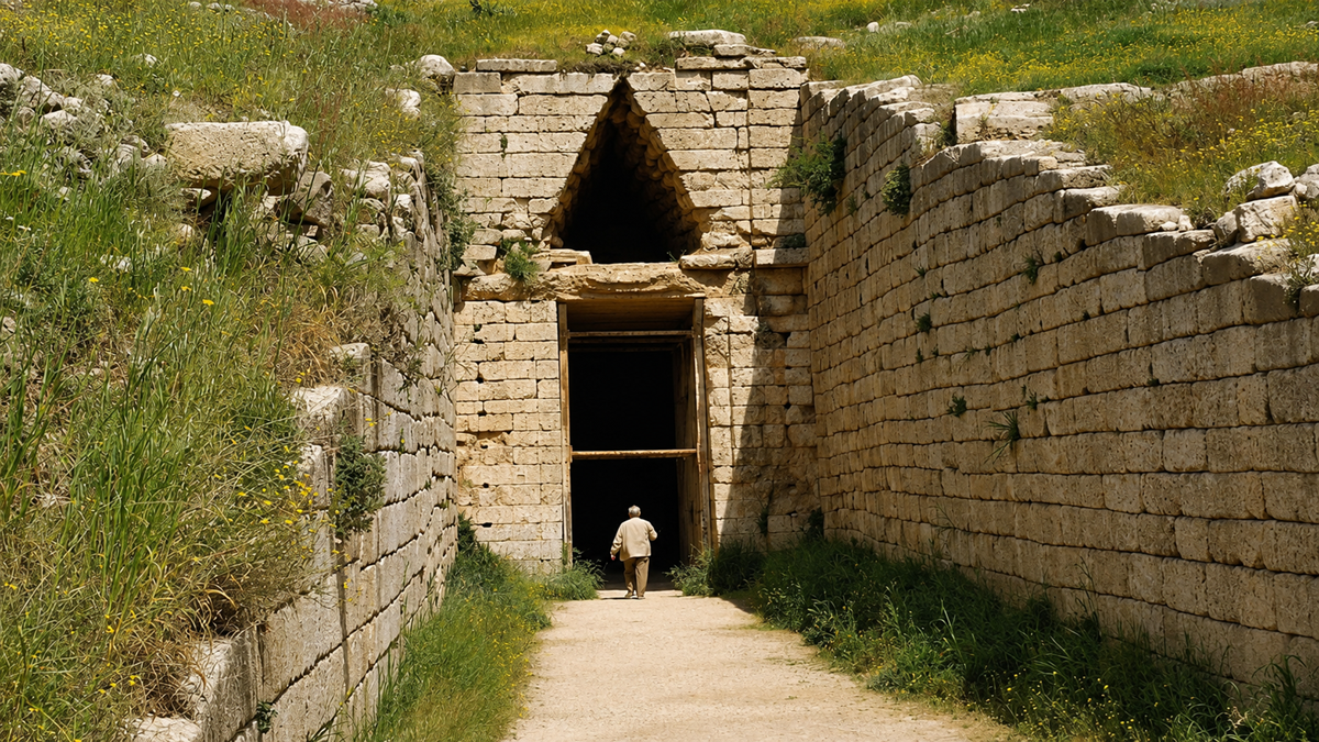 A person walks toward the large, stone entrance of an ancient tomb, surrounded by high stone walls and grassy slopes, under a partly cloudy sky.