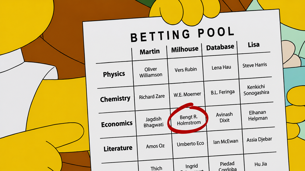 A hand holds a betting pool sheet listing predicted Nobel Prize winners in various fields; "Bengt R. Holmstrom" is circled in red under Economics. The sheet includes categories for Physics, Chemistry, Economics, and Literature.