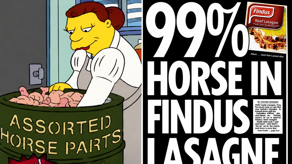 A cartoon woman stands by a barrel labeled "Assorted Horse Parts." Next to her is a headline: "99% Horse In Findus Lasagne," with an image of a Findus Beef Lasagne package.