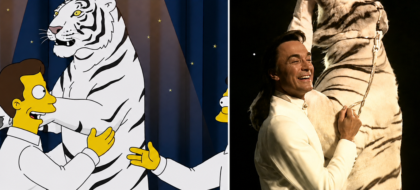 Split image: Left shows animated men in white suits with a white tiger under stage lights. Right shows a smiling man in a white suit hugging a real white tiger on stage, both illuminated by spotlights.