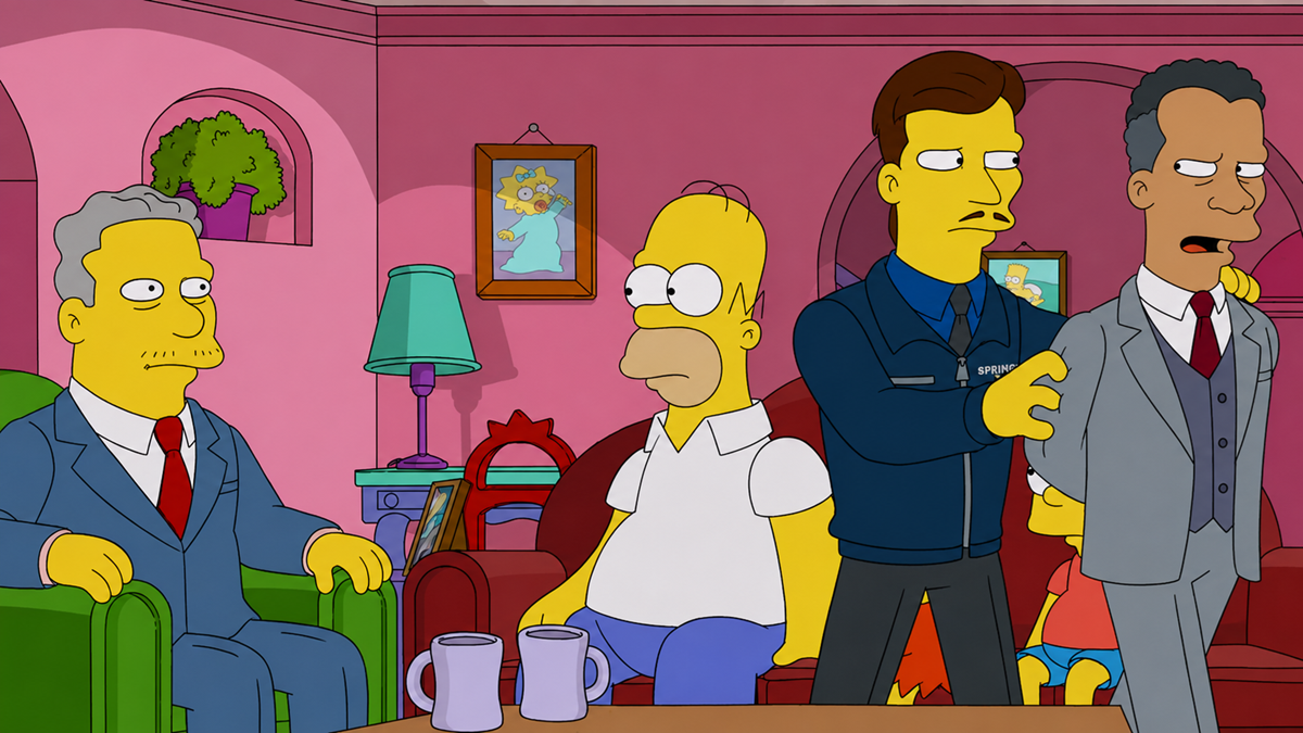 Animated scene: Three men in suits, a police officer, and part of a child are in a pink living room with two purple mugs on the table. Homer Simpson sits on a couch, looking concerned. A framed picture hangs on the wall.