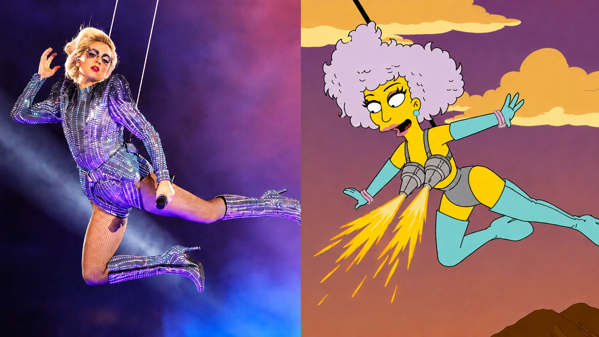 A person in a sparkly bodysuit suspended by wires on stage next to a cartoon character in a similar outfit flying with a jetpack against an orange sky.