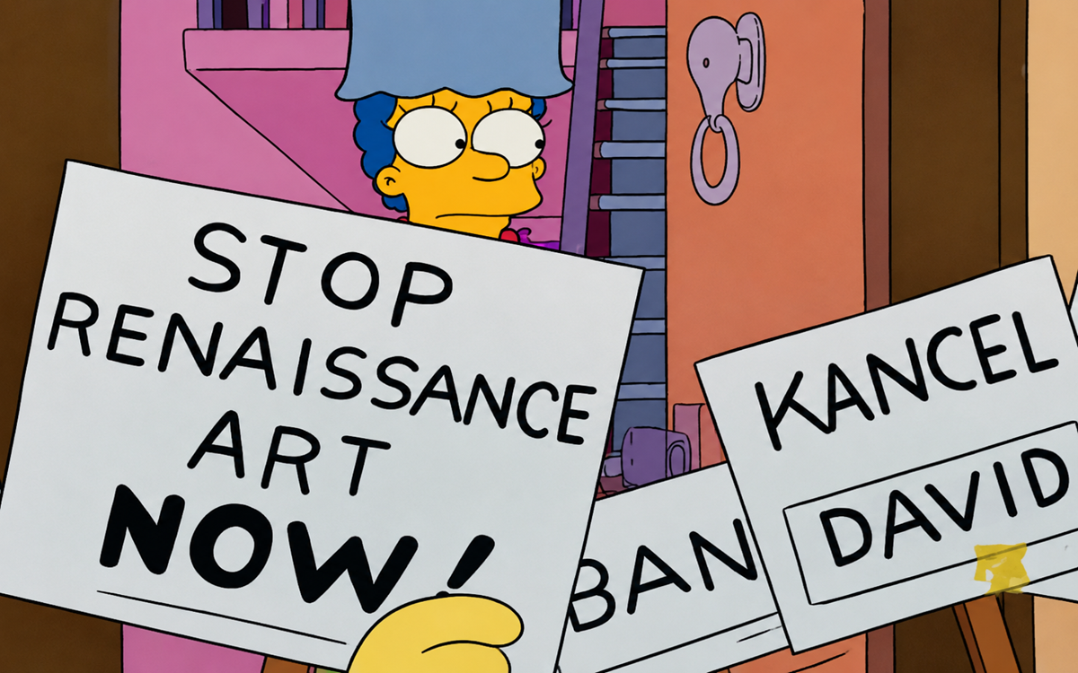 Cartoon woman with blue hair holding a sign that says "STOP RENAISSANCE ART NOW!" with other protest signs partially visible in front of her.