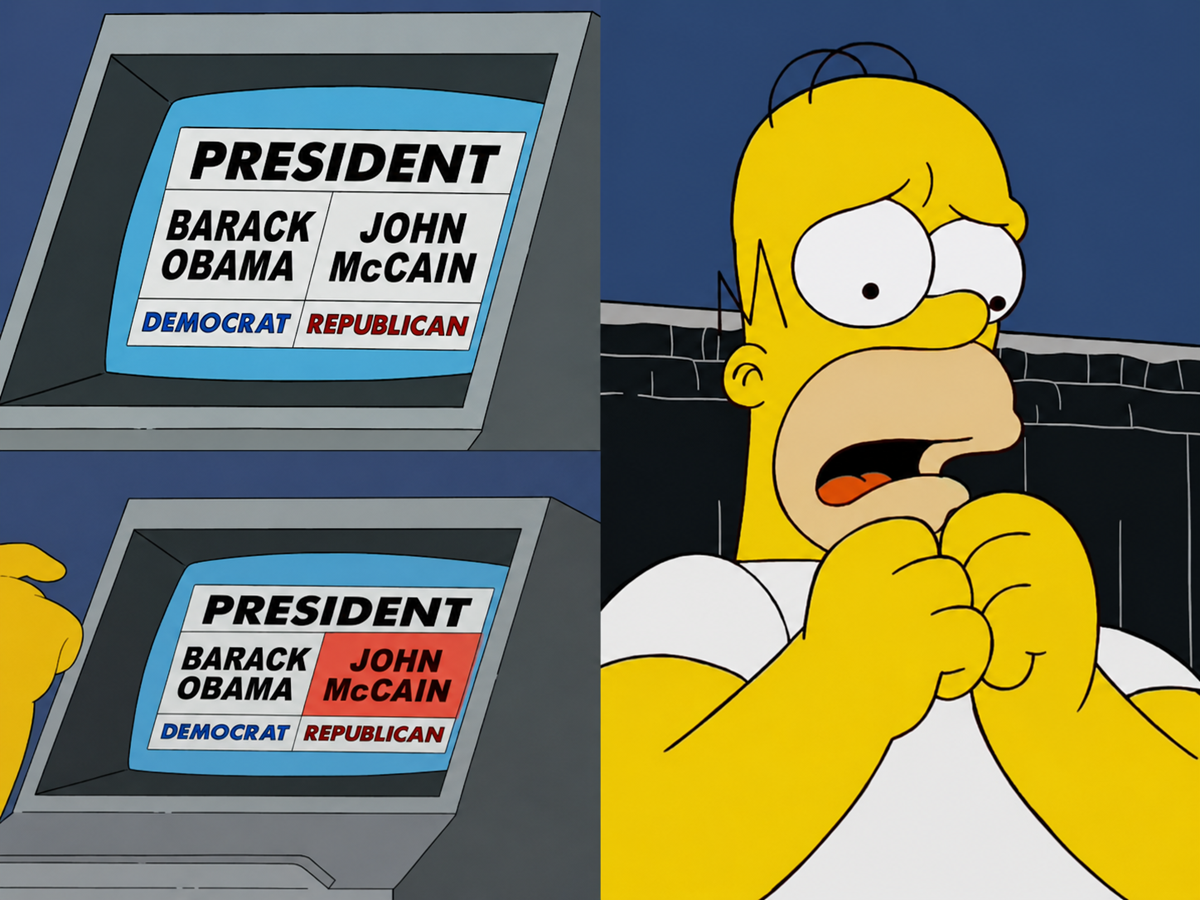 A worried cartoon character looks at a voting machine displaying choices between Barack Obama (Democrat) and John McCain (Republican) for president.