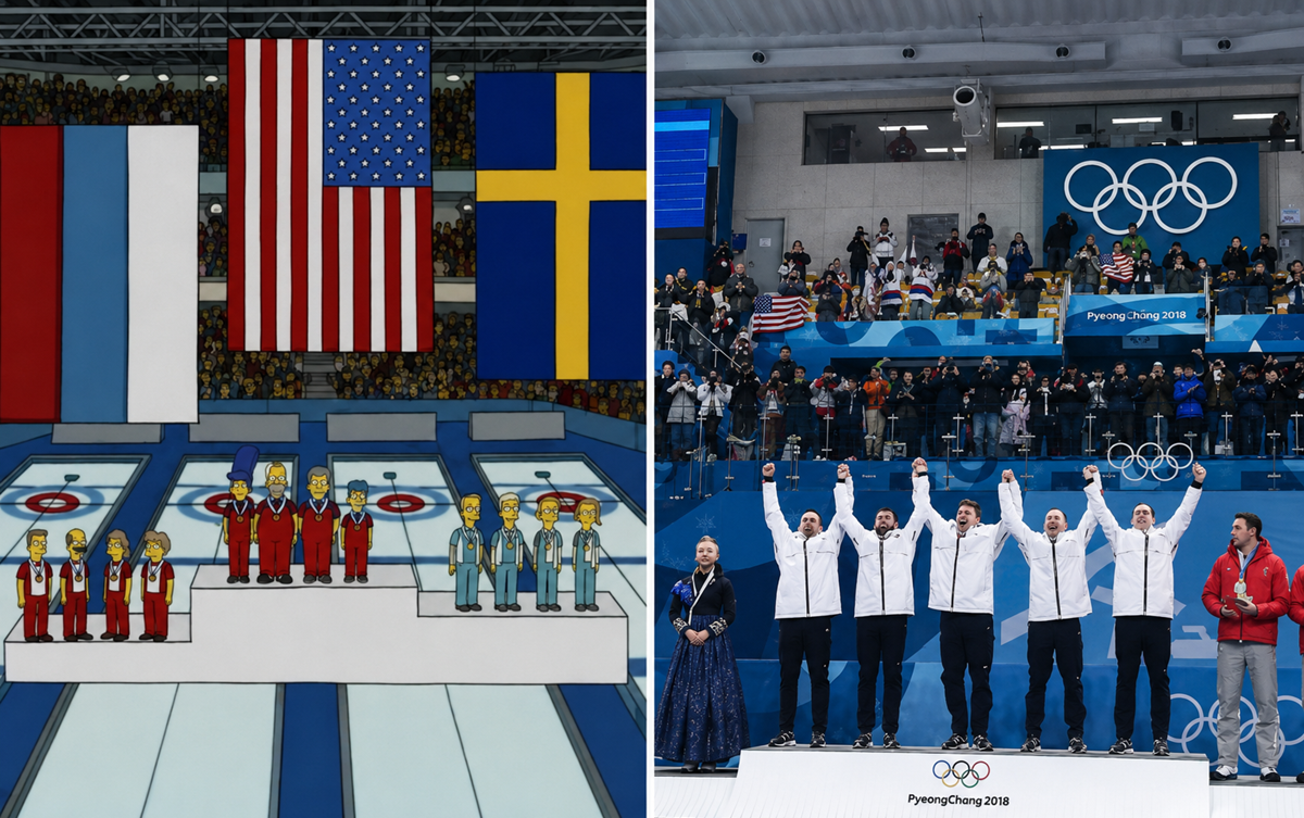 Split image: left side shows a cartoon Olympic medal ceremony resembling The Simpsons; right side shows the real 2018 Winter Olympics curling medal ceremony with athletes on a podium, flags overhead, and a cheering crowd.