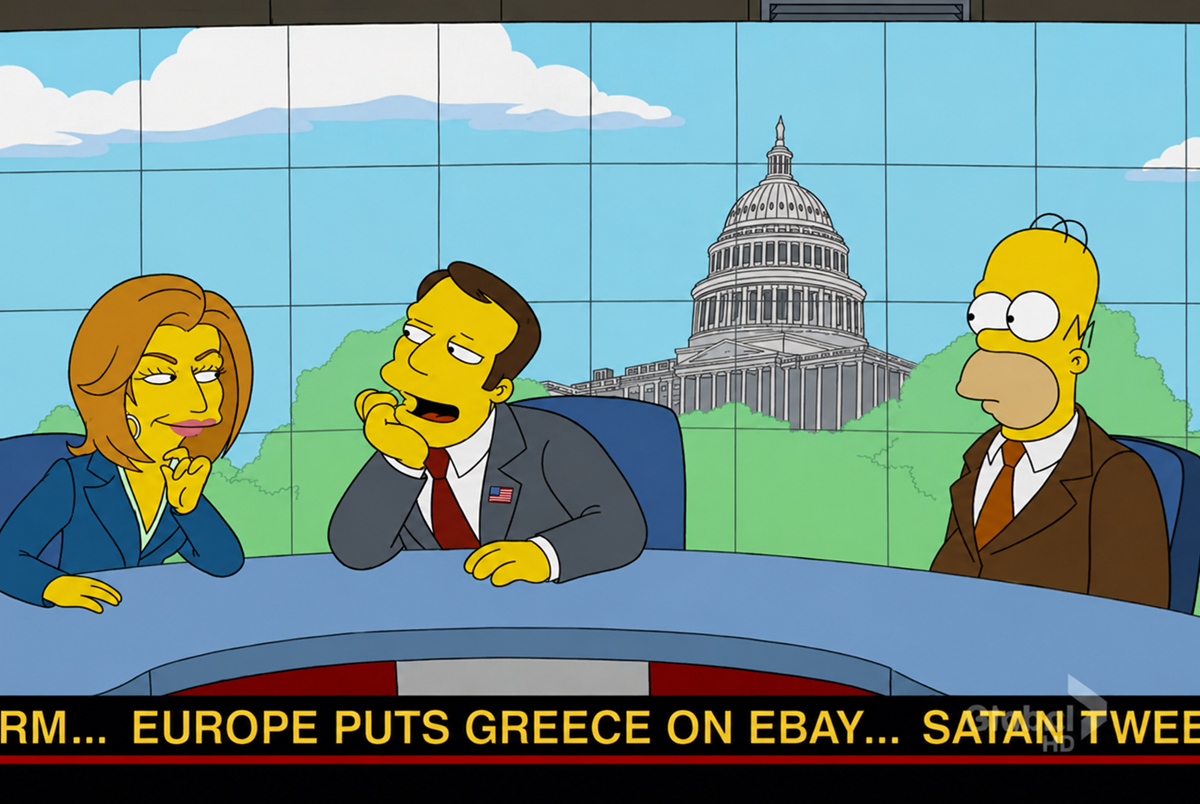Three animated characters in suits sit at a news desk with the U.S. Capitol in the background. A news ticker at the bottom reads, “EUROPE PUTS GREECE ON EBAY... SATAN TWE.”