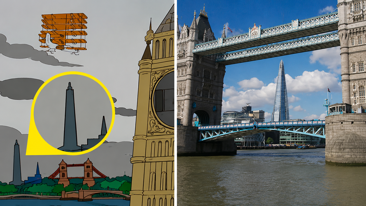 Split image: Left side, a cartoon with London landmarks, including an exaggerated, pointed building in a yellow circle. Right side, a real photo of Tower Bridge with the Shard visible in the background against a blue sky.