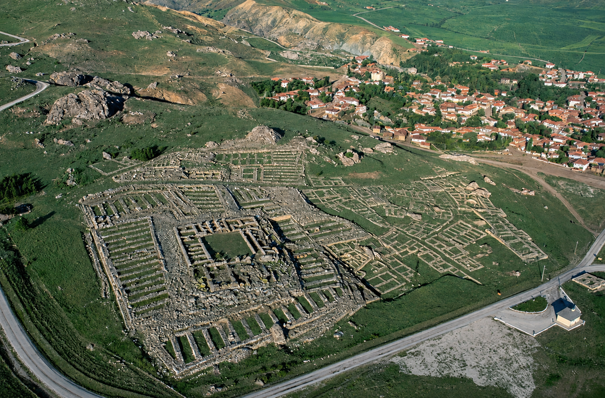 Aerial view of ancient stone ruins forming a large rectangular layout on a grassy hill, with a nearby modern village and surrounding green landscape. Roads and scattered rocks are also visible in the area.