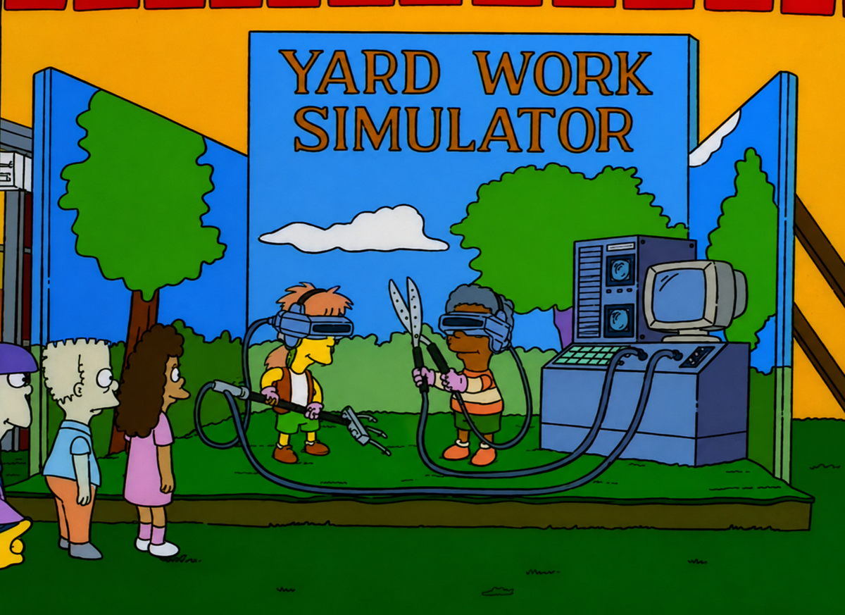 Children wearing VR headsets and holding garden tools play "Yard Work Simulator" on a stage, while two kids watch. Hoses connect their gear to an old computer beside them. The backdrop shows blue skies and trees.