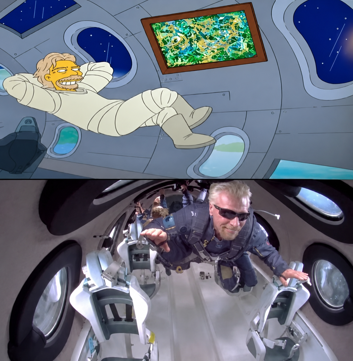 A split image: Top shows a cartoon astronaut floating in a spaceship; bottom shows a man in a flight suit floating inside a real spacecraft with curved windows and white seats.