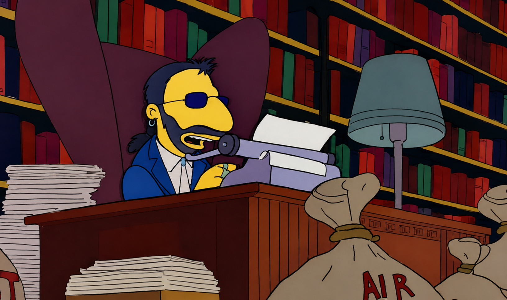 A cartoon man with sunglasses and a beard types a letter at a desk in a library, surrounded by mailbags and stacks of paper. Shelves filled with colorful books are visible in the background.