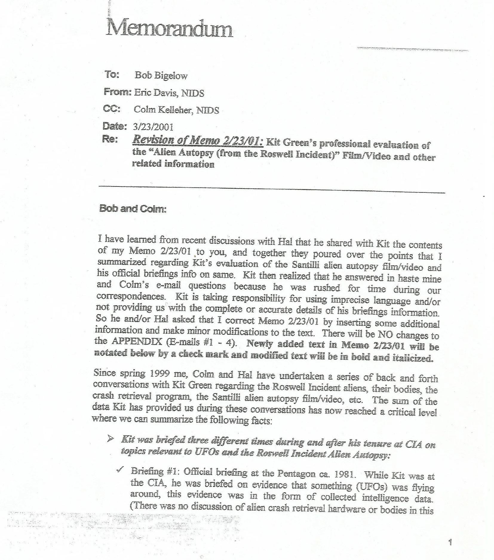A memorandum discussing the revision of a previous memo about the Alien Autopsy, including points related to UFOs and related intelligence activities, addressed to Bob Bigelow from Eric Davis and Colm Kelleher.