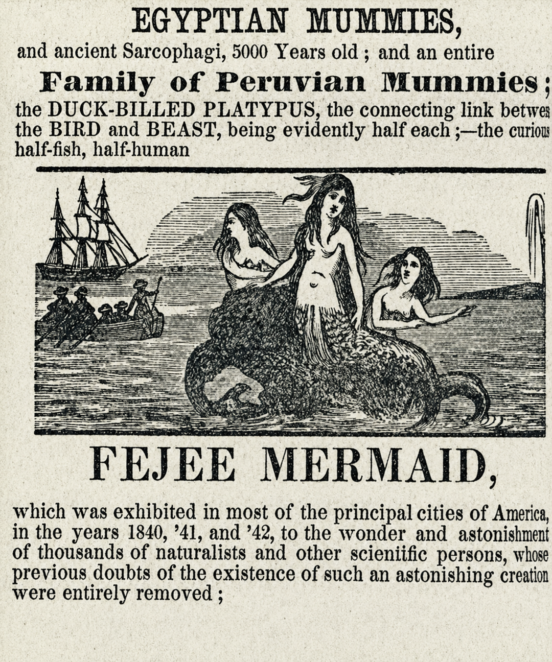 A vintage advertisement features a mermaid with a fish tail and human torso, surrounded by smaller mermaids, promoting the exhibition of the "Feejee Mermaid" and Egyptian mummies.
