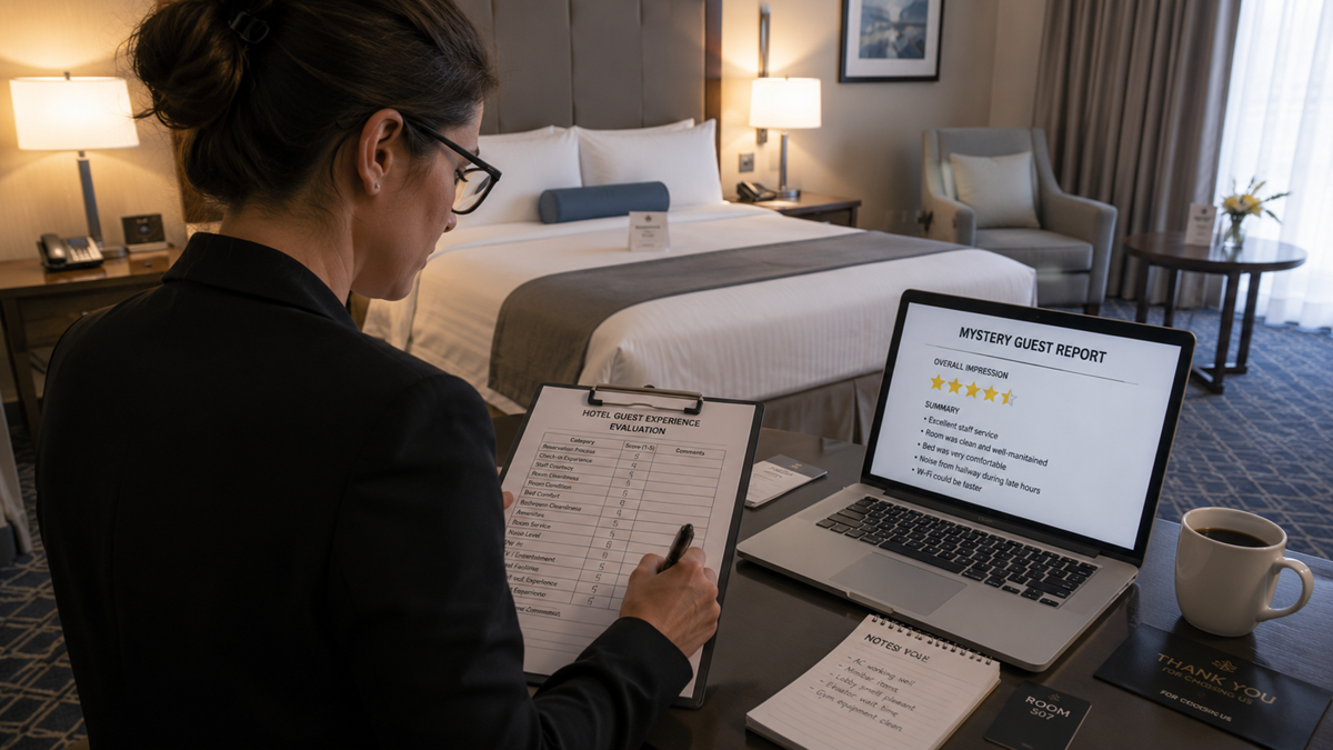 A woman in a suit fills out a clipboard with a hotel evaluation form at a desk in a hotel room. A laptop displays a "Mystery Guest Report." A cup of coffee, notepad, and key card are also on the desk.