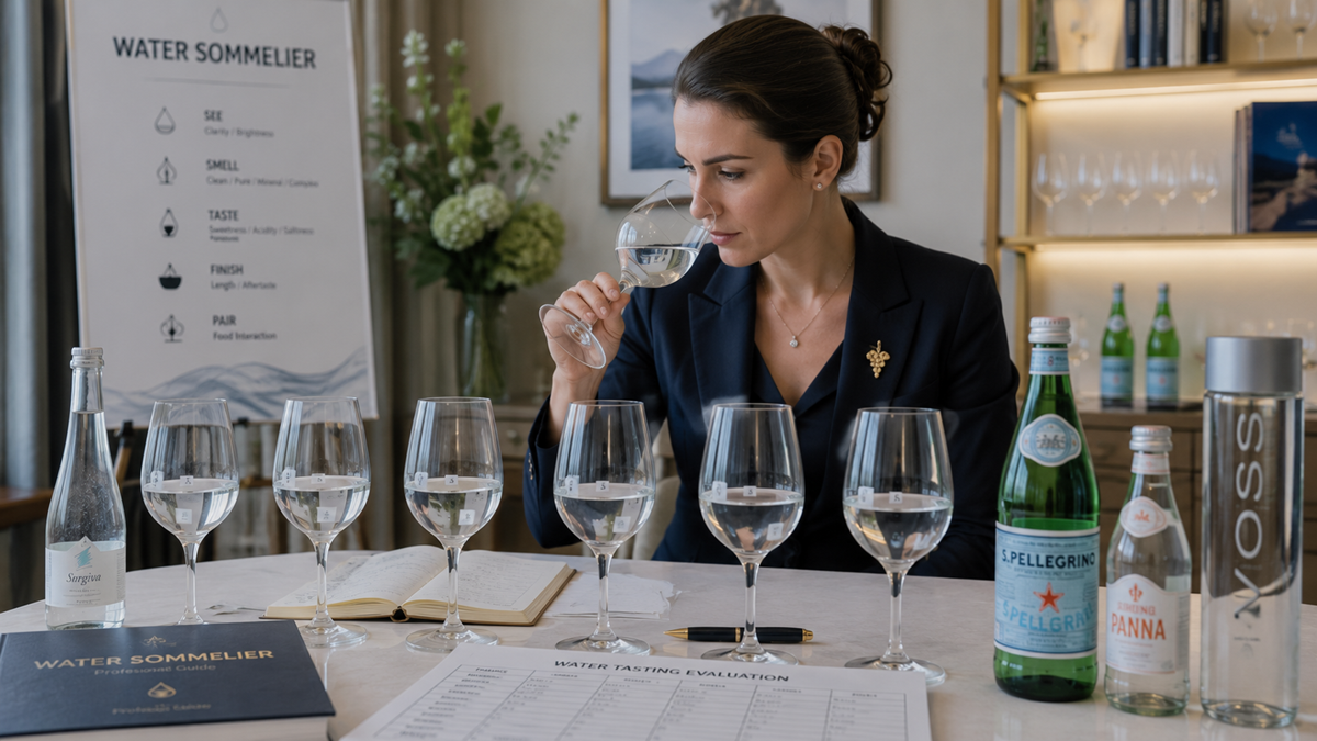 A woman sits at a table with six glasses of water, bottled waters, and a tasting sheet, carefully smelling a glass. A water sommelier chart stands behind her.