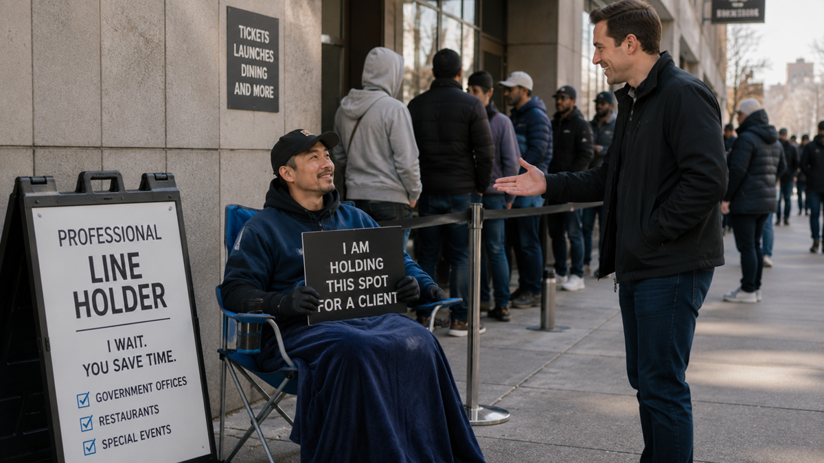 A man sits in a chair holding a sign reading “I am holding this spot for a client” next to a “Professional Line Holder” sign, while another man stands in front of him talking. People wait in line outside a building.