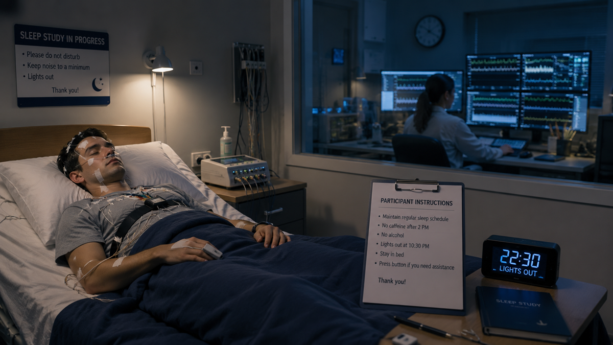 A man lies in bed for a sleep study, connected to wires. Monitors and staff are visible through a window. A clock reads 22:30. A sign displays sleep study rules and participant instructions next to the bed.