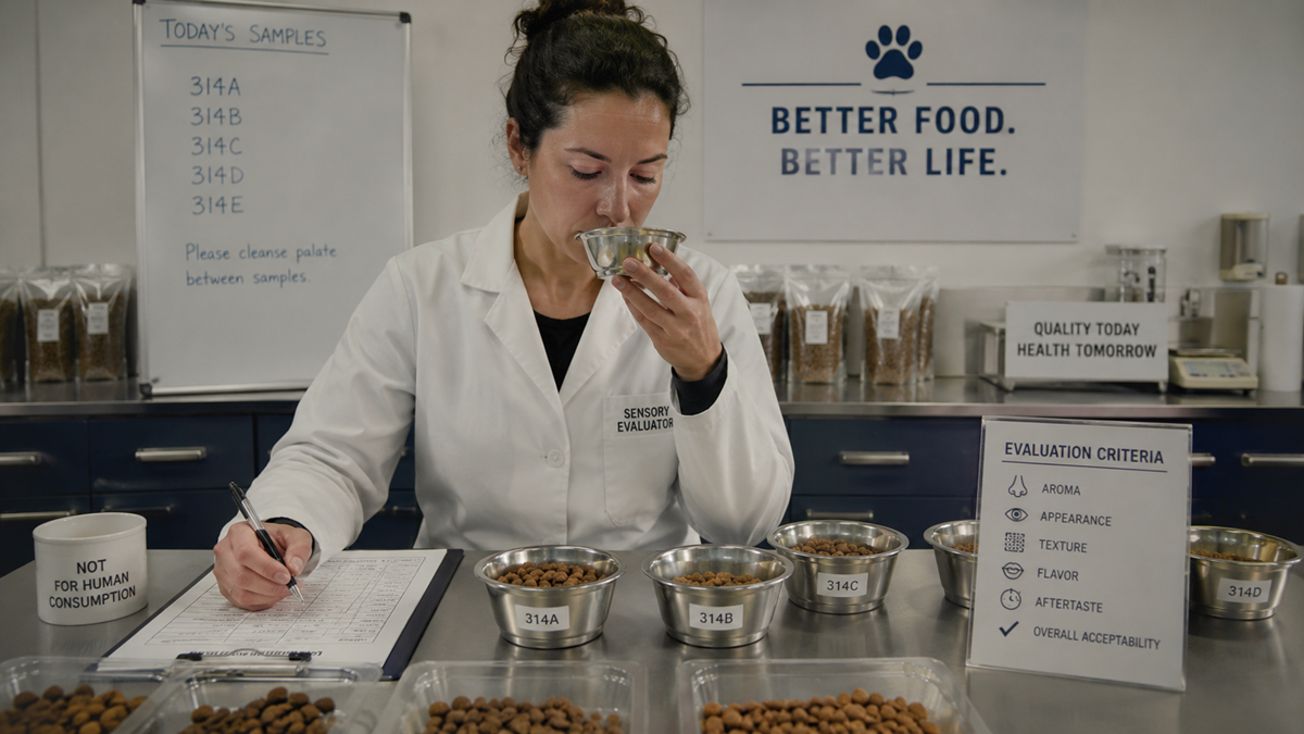 A woman in a lab coat evaluates pet food, smelling a bowl and taking notes. Several labeled samples and evaluation criteria are on the table. A sign reads “Better Food. Better Life.”