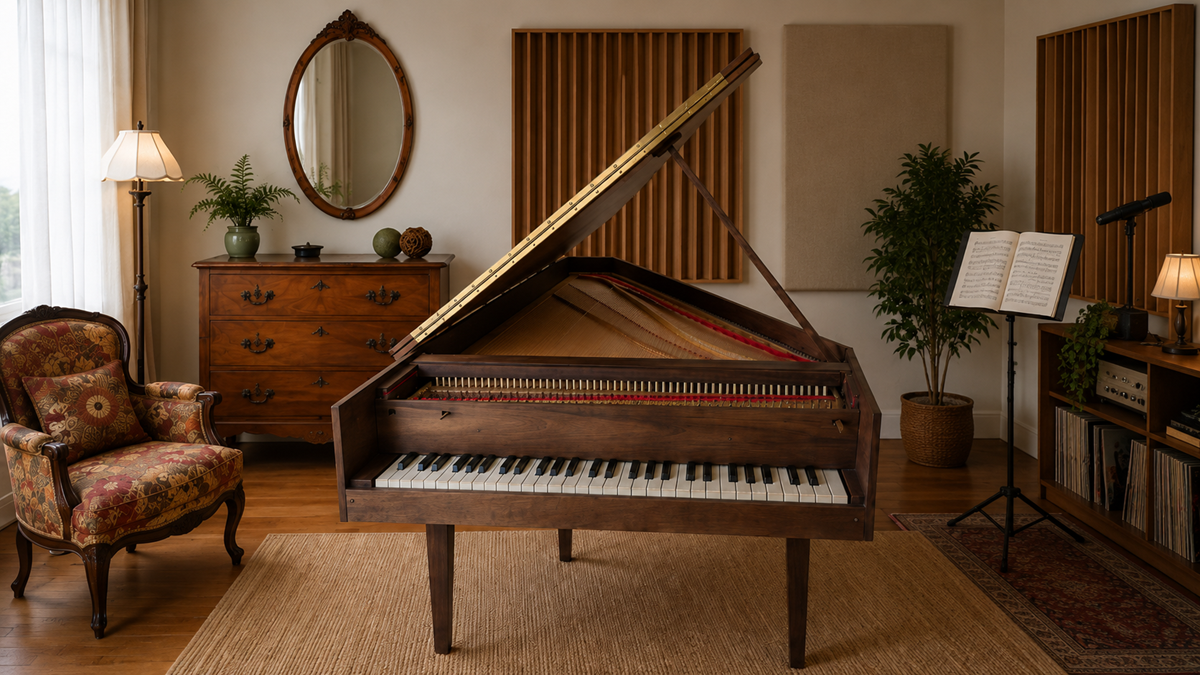 A grand piano with its lid open sits in a cozy, warmly lit room with a vintage armchair, chest of drawers, plants, a music stand with sheet music, and acoustic panels on the wall.