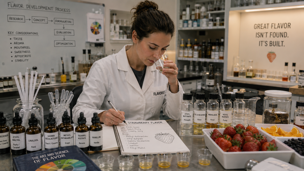 A woman in a lab coat smells a sample while taking notes about strawberry flavor. She is surrounded by bottles, glassware, fruit, and lab equipment in a laboratory focused on flavor creation.