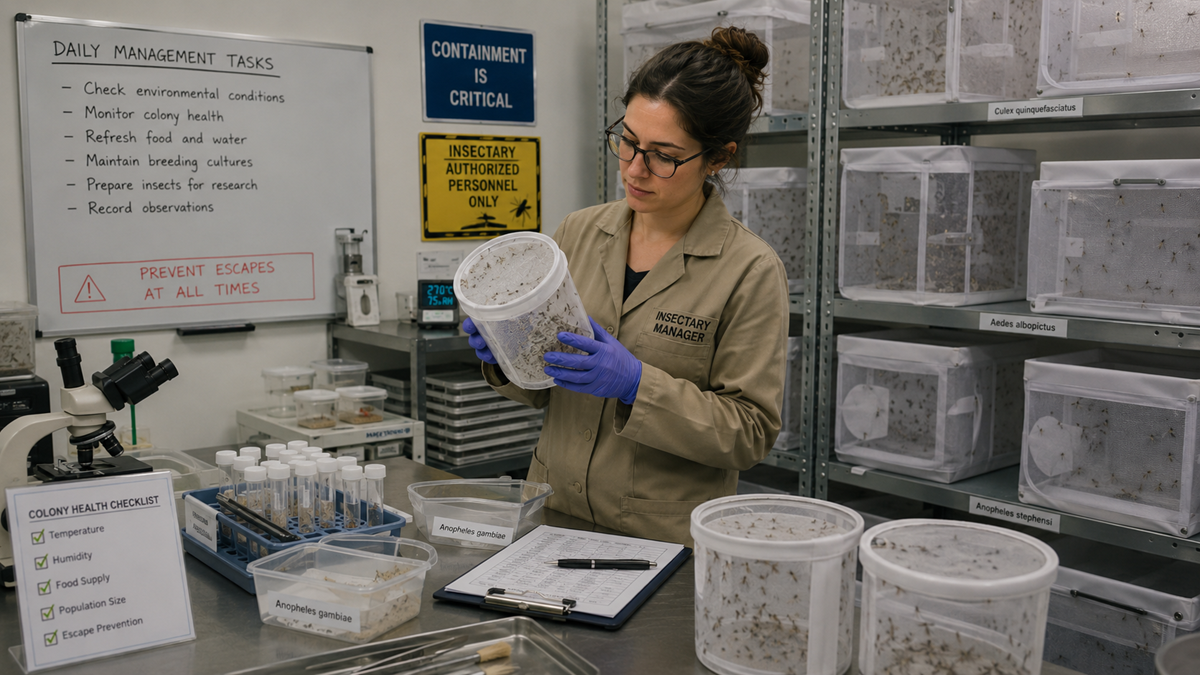 A woman in a lab coat and gloves inspects a container of insects in a laboratory. She stands by a clipboard and microscope. Shelves with labeled insect containers and safety signs are visible in the background.