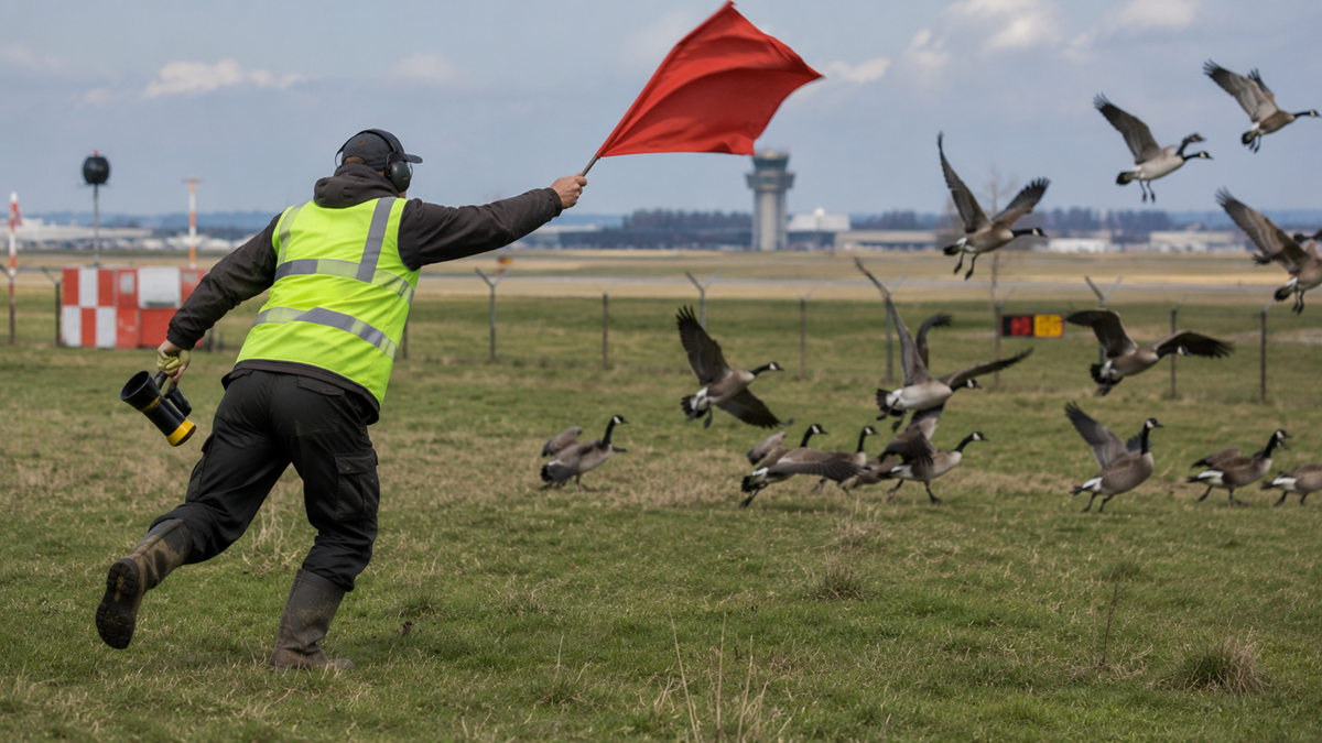 A person in a high-visibility vest waves a red flag to scare a flock of geese away from an airport runway. An airport control tower and buildings are visible in the background.
