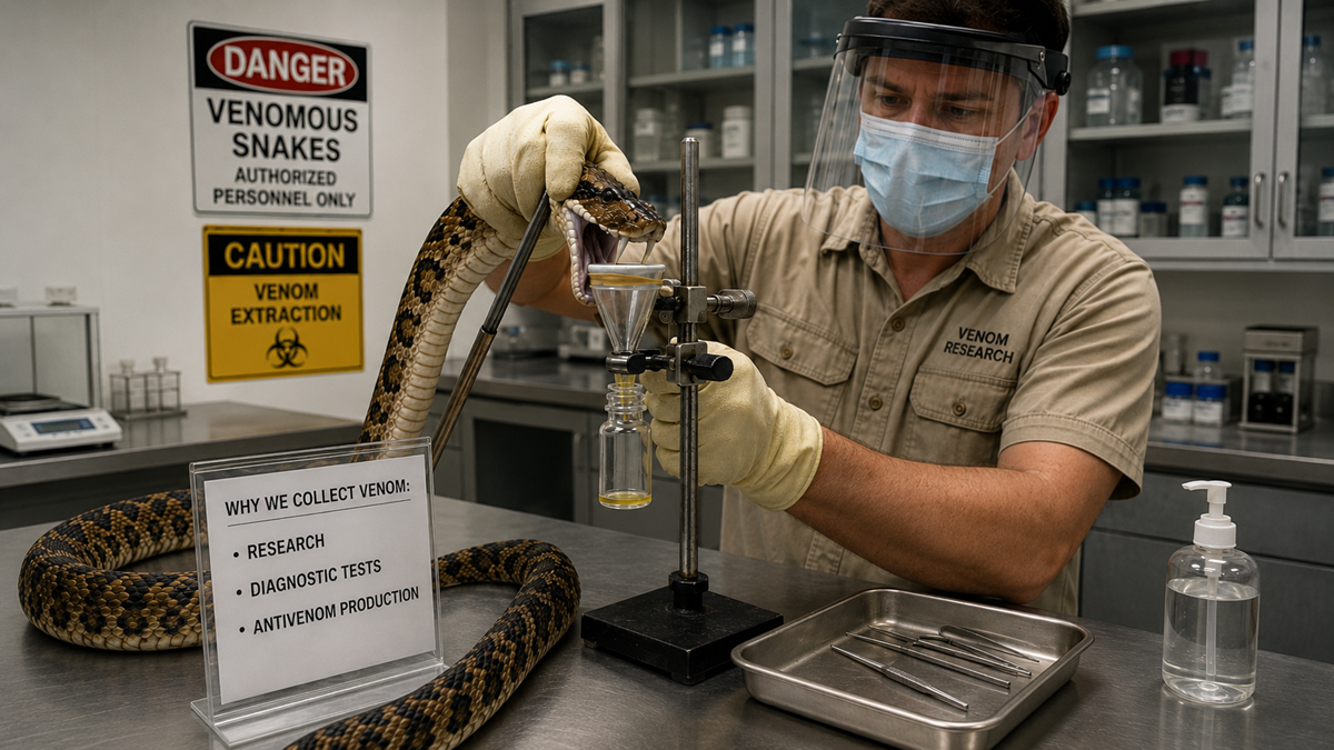 A scientist in protective gear extracts venom from a snake in a lab. Signs warn of venomous snakes. A sign explains venom is collected for research, diagnostic tests, and antivenom production.