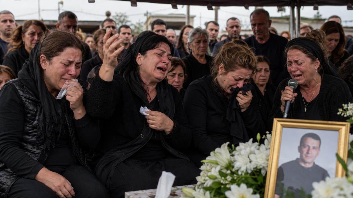 A group of mourners dressed in black cry and comfort each other at a funeral, with a framed photo of a man and white flowers in the foreground.