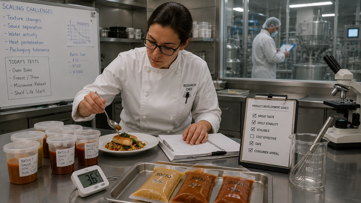 A chef in a lab coat tastes food at a lab table with sauces, packaged samples, and a notepad; a clipboard shows product development goals, and lab equipment is visible in the background.