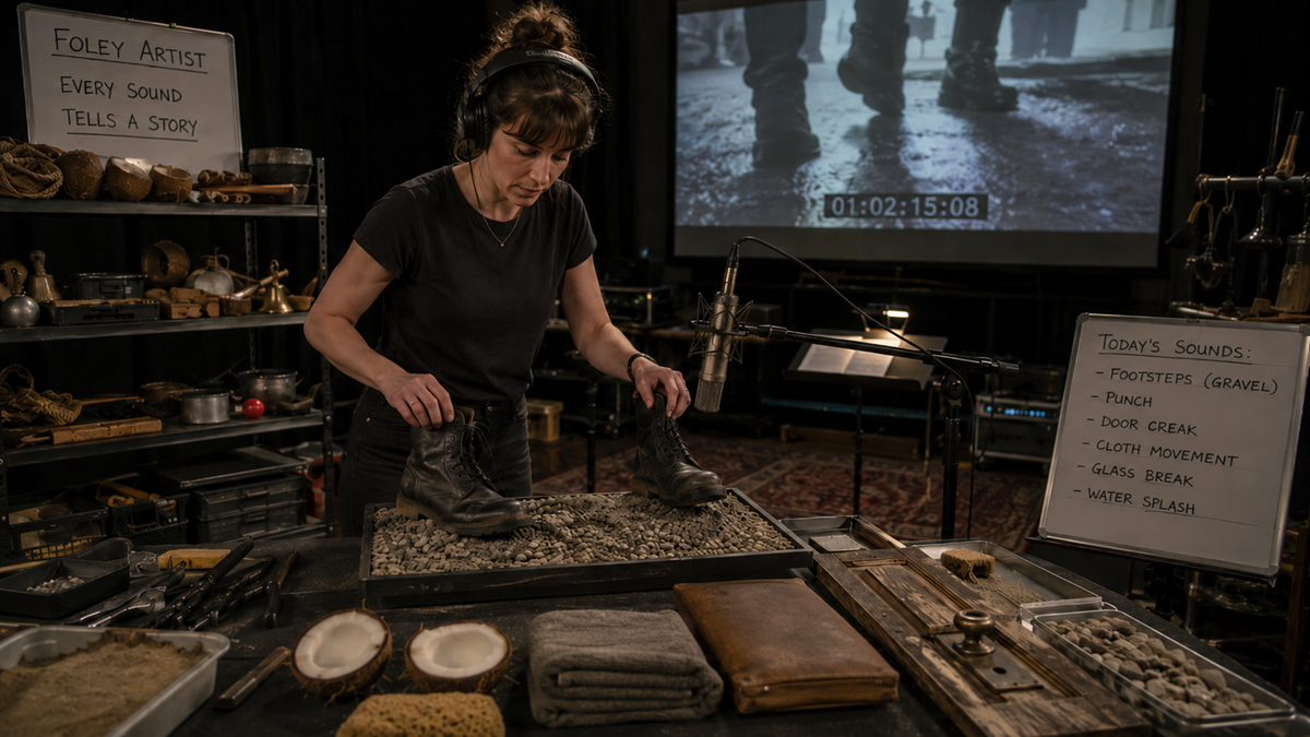A foley artist in a studio uses boots on gravel to create sounds. Various props, a microphone, and a screen showing feet walking with a timecode are visible. A sign reads "Today's Sounds" with a list of sound effects.