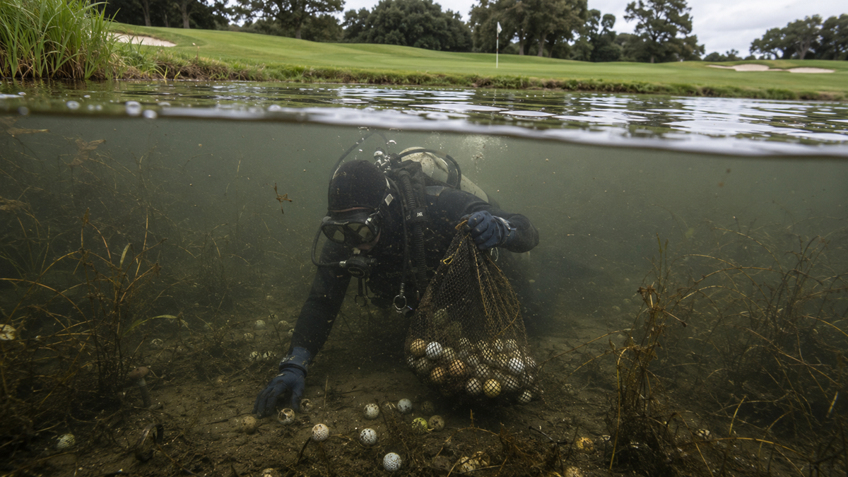 A scuba diver underwater in a pond collects golf balls into a net bag, with a grassy golf course and flag visible above the water in the background. Job.