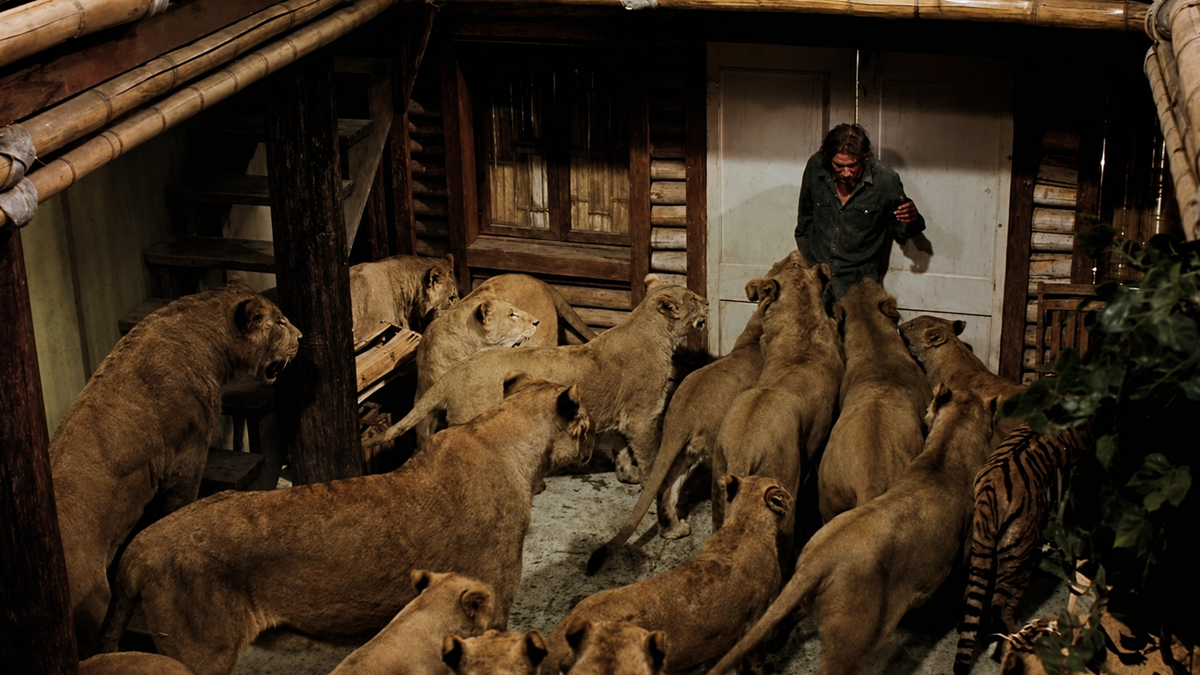 A person stands near a door inside a wooden structure surrounded by many lions and a tiger, all closely gathered around them. Movie.