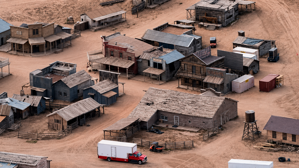 Old western town set in the desert with wooden buildings, dusty roads, a red and white truck, and a water tower visible from above. The scene looks empty and evokes a historical, Wild West atmosphere.