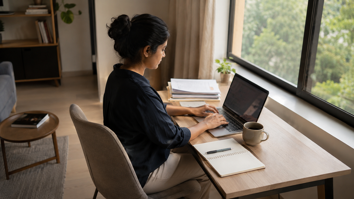 A woman sits at a desk by a large window, working on a laptop with papers, a notebook, and a coffee mug nearby. Natural light brightens the room.