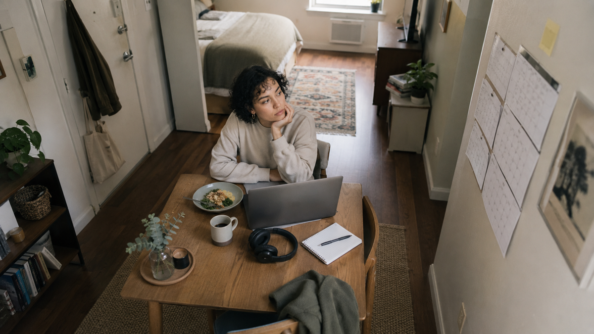 A person sits at a table in a cozy apartment, looking thoughtful. There’s a laptop, headphones, notebook, coffee, and a plate of food on the table, with a calendar and artwork on the wall.