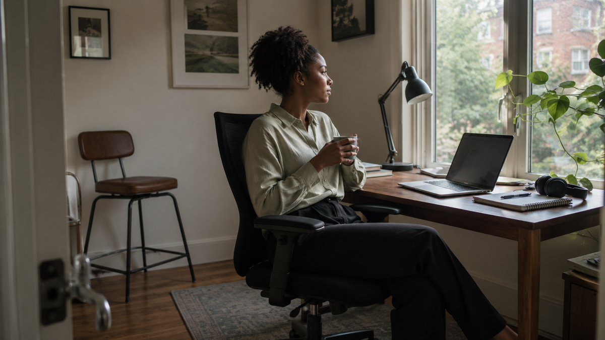 A woman sits at a desk with a laptop, holding a mug and looking out the window. The room has framed art, plants, and natural light.