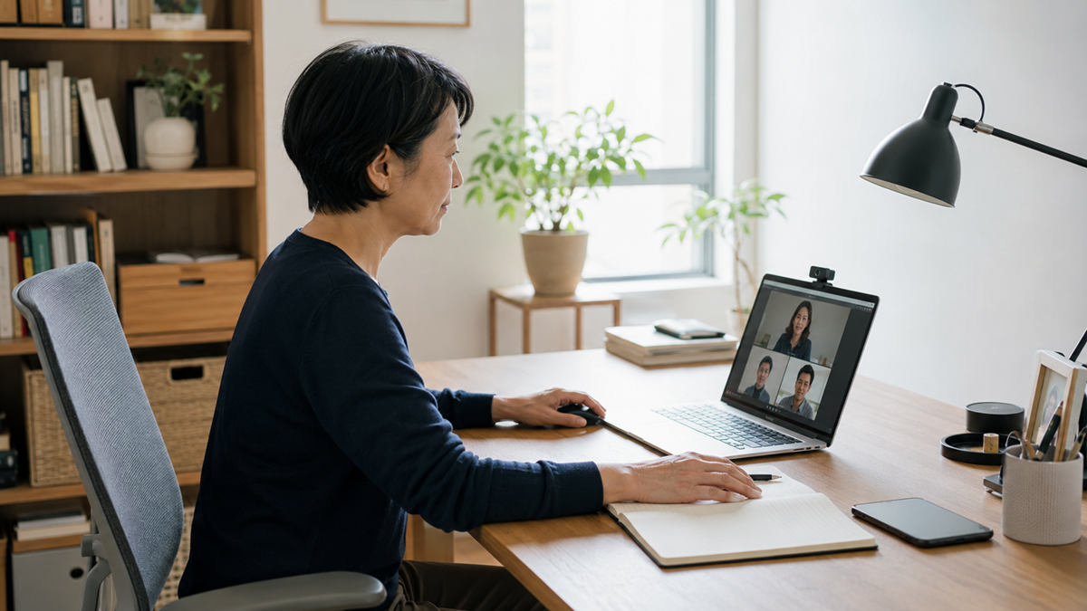 A person sits at a desk in a home office, participating in a video call with three others on a laptop. There are bookshelves, a plant, a desk lamp, and a notebook on the desk.